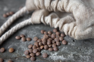 Lentils spilling out of a bag